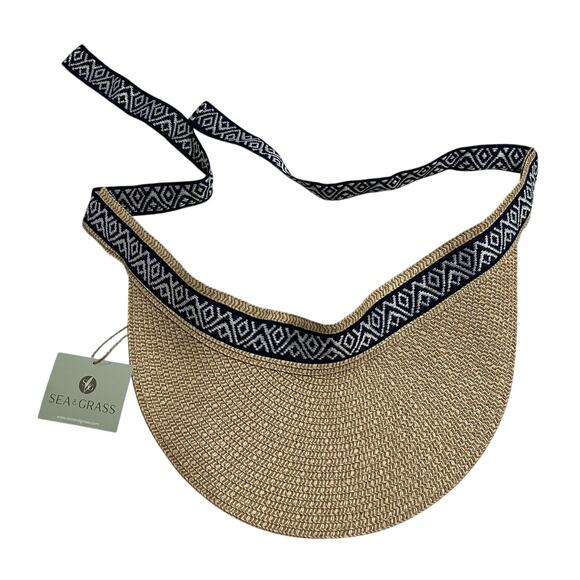 Womens Sea & Grass Straw Visor Sunvisor Sun Hat with Navy Blue Ties NWT - Picture 3 of 9